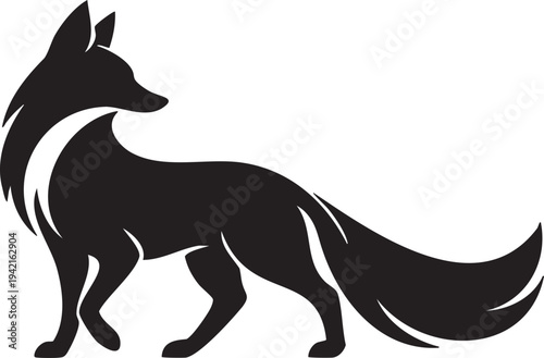 Black fox silhouette walking with flowing tail animal