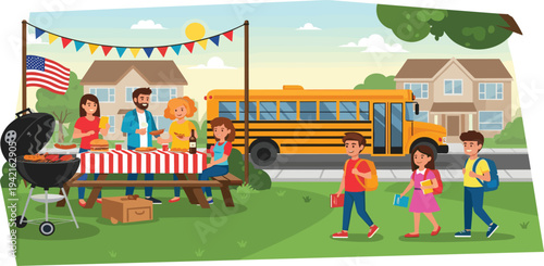 Backyard BBQ and Family Gathering Icon Set Featuring Picnic Table, Grill, Flags, Kids Walking from School, and Summer Fun