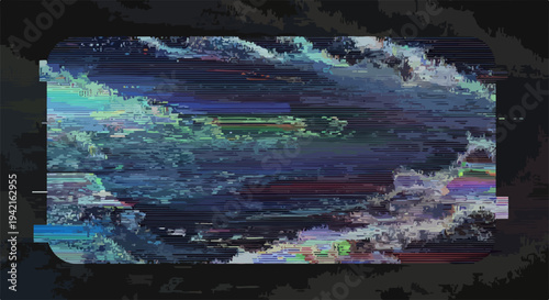 Fundo abstrato com efeito glitch e ondas digitais vibrantes em tons de azul e roxo, sugerindo tecnologia futurista e ciberespaço.