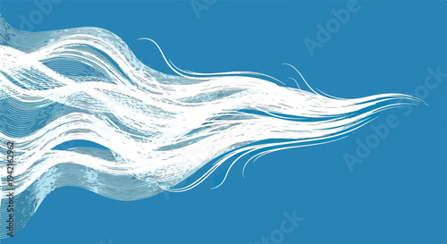 Ilustração digital abstrata com pinceladas brancas fluidas e dinâmicas sobre um fundo azul vibrante, criando um efeito de movimento e energia.