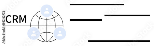 Customer management, business networks, data organization, global communication, team collaboration, digital marketing. Globe with user icons and CRM text. Customer management and business networks