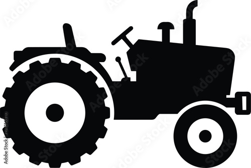 Minimal vector silhouette, farm tractor side view with large rear wheel, solid black, isolated on white background.