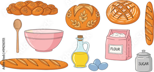 Baking and Bread Making Icon Set Featuring Loaves, Flour, Eggs, Olive Oil, and Kitchen Tools in a Colorful Vector Style