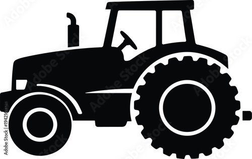 Minimal vector silhouette, farm tractor side view with large rear wheel, solid black, isolated on white background.