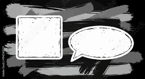 Fundo abstrato com pinceladas em tons de cinza, apresentando um quadrado e um balão de fala estilo doodle para mensagens personalizadas.