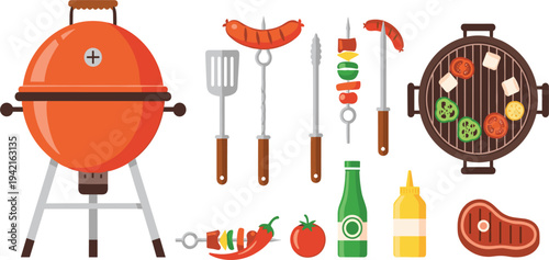 BBQ and Grilling Icon Set Featuring Grill, Skewers, Sausages, Vegetables, Condiments, and Grilling Tools in Vibrant Vector Style