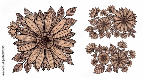 Ilustrações florais detalhadas em estilo doodle com tons sépia, apresentando arranjos botânicos ornamentados e elementos decorativos.