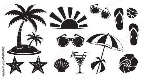 Collection of beach icons including palm trees, sunglasses, and summer accessories for graphic design projects always
