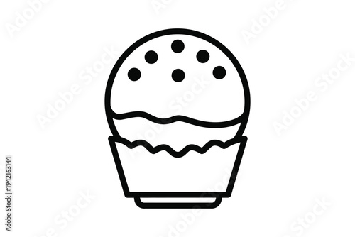 A simple line drawing of a cupcake with a wavy edge wrapper and six dots on top, resembling a sweet baked dessert in a minimalist illustration style.