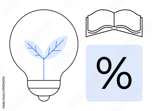 Sustainability, knowledge, education, financial growth, eco-friendly initiatives, green technology. Light bulb with plant, open book and percentage symbol. Sustainability and knowledge concepts