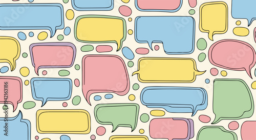Padrão sem costura de balões de fala coloridos em tons pastel, ilustrando comunicação e interação social com estilo desenhado à mão.