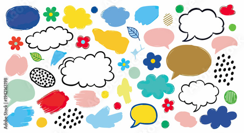Coleção vibrante de elementos gráficos desenhados à mão, incluindo balões de fala, nuvens de pensamento, flores e pinceladas coloridas, ideal para design criativo e infantil.