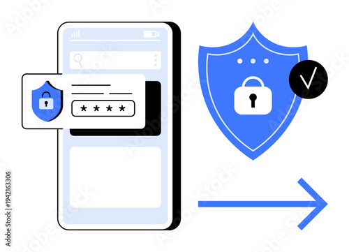 Mobile security concept. Mobile security with secure login, password protection, and shield icon. Mobile security ensuring safe data access and user authentication. For tech, apps, cyber defense