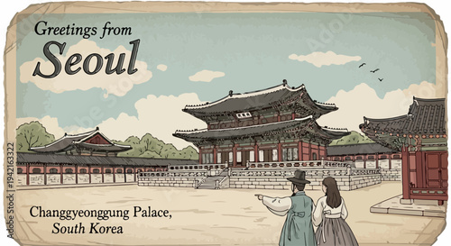 Cartão postal vintage ilustrado do Palácio Changgyeonggung em Seul, Coreia do Sul, mostrando um casal em hanbok e a grandiosa arquitetura.