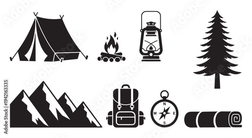 Camping collection icons set featuring tent, fire, lantern, tree, mountains, and outdoor gear