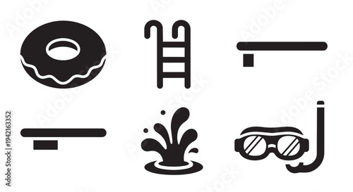 Collection of black and white summer vacation icons including donut ladder and diving gear
