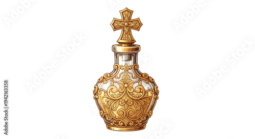 A single elegant bottle, adorned with golden filigree and topped with an ornate cross-shaped stopper, stands centered on a white background.