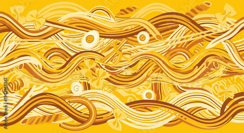 Ilustração vetorial abstrata de massas variadas em tons de amarelo e marrom, com ovos, criando um padrão dinâmico de comida italiana.