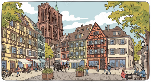 Uma charmosa ilustração de uma praça europeia com casas em enxaimel, pessoas e uma catedral imponente sob um céu azul.