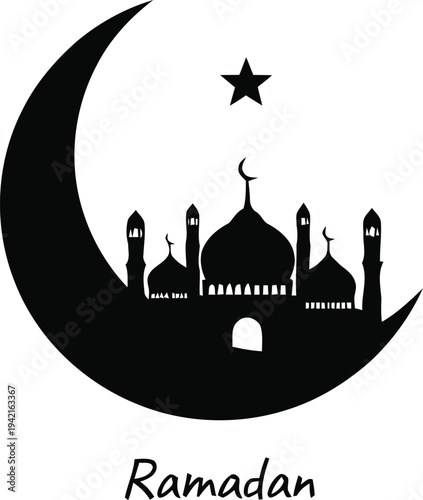 Ramadan crescent moon silhouette with mosque and star, Islamic holy month greeting and celebration symbol