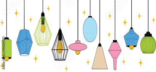 Colorful Pendant Light Icon Set Featuring Geometric Shades, Vibrant Colors, and Modern Design Elements in Vector Style