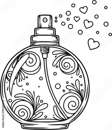 Ornate perfume bottle with decorative swirls and hearts spraying mist, romantic and luxurious cosmetic accessory