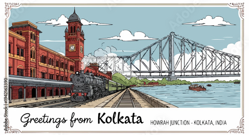 Ilustração vintage de Calcutá, Índia, mostrando a Estação Howrah Junction, um trem clássico e a Ponte Howrah sobre o rio Hooghly.