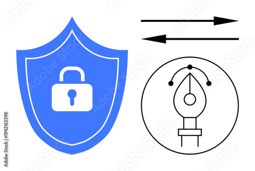 Cybersecurity, digital protection, data transfer, design concepts, safe communication, encryption. Blue shield with lock, arrows and pen tool in circle. Cybersecurity and digital protection