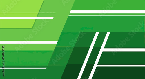 Fundo abstrato verde com formas geométricas sobrepostas e linhas brancas, criando um design moderno e dinâmico para tecnologia ou sustentabilidade.