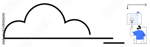 Cloud computing, digital ideas, remote access, data transfer, innovation, technology flow, human interaction. Minimalist graphic showing cloud outline and a person interacting with concepts. Cloud