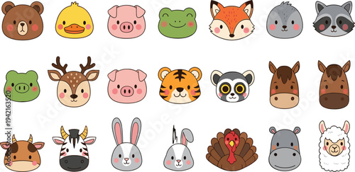 Cute Animal Faces Icon Set Featuring Bear, Pig, Frog, Fox, Raccoon, Tiger, Horse, Rabbit, and More in Adorable Vector Style