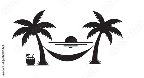 Tropical island getaway with palm trees and hammock silhouette illustration design for travel brochures and websites