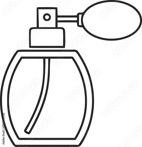 Vintage perfume bottle with spray atomizer bulb line art illustration isolated on checkered transparent background vector