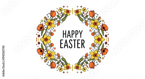 Easter greeting card with floral wreath and happy easter text