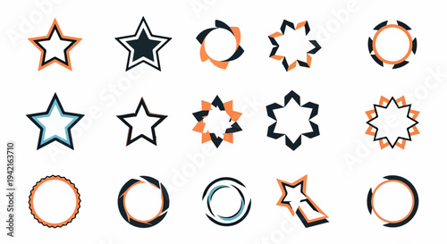Sammlung moderner abstrakter grafischer Designelemente, darunter stilisierte Sterne und Kreise in Schwarz, Orange und Blau, ideal für Logos und Branding.