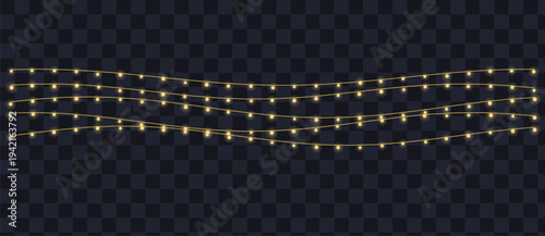 Three strings of glowing yellow light bulbs illuminate a dark transparent checkered background with a festive feel