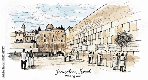 Handgezeichnete Aquarell-Illustration der Klagemauer in Jerusalem, Israel, mit betenden Menschen an dieser historischen und heiligen Stätte des Judentums.