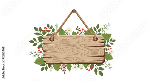 A rustic light brown wooden sign, suspended by a twisted rope, is framed by a lush wreath of green leaves, red berries, and white flowers on a white background.