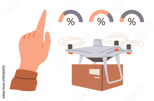 quadcopter delivery, logistics efficiency, technology integration, innovation, automation, and business solutions. A hand gestures near a Quadcopter carrying a box under infographic percentages