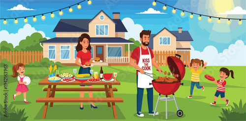 Family BBQ and Outdoor Cooking Icon Set Featuring Backyard Party, Grill, Food, Kids Playing, and Happy Family in a Sunny Setting