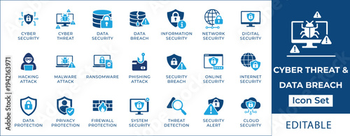 Cyber threat and data breach icon set featuring malware attack, ransomware, phishing, hacking, security breach, information safety, and digital privacy protection symbols.