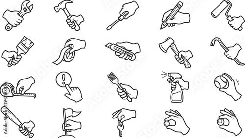 Hands holding various tools and objects in simple line art style