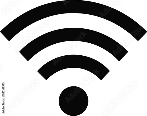 Wifi signal strength indicator symbol icon with three curved lines and circle representing wireless internet connection and network access