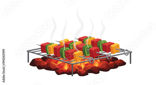 Four metal skewers, packed with red meat, green peppers, and yellow peppers, cook on a gray metal rack over glowing red hot coals, emitting white smoke.