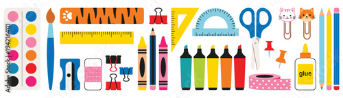 School supplies and stationery set with rulers and paint brush icon