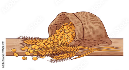 A light brown burlap sack, tipped on its side, spills bright yellow corn kernels and golden wheat stalks onto a rustic wooden plank.