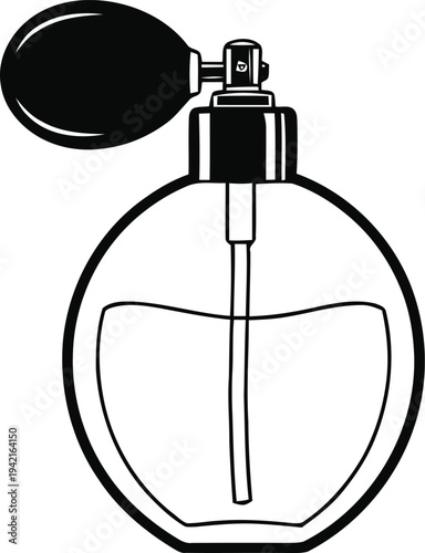 Perfume bottle with atomizer spray and liquid inside showing vintage style glass container and product for beauty and cosmetic use