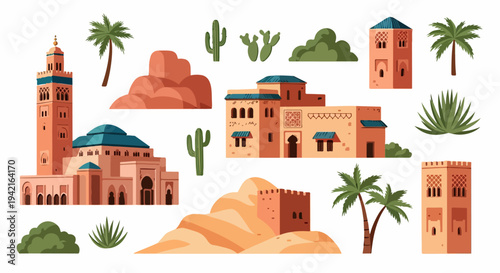 Un set di elementi architettonici e naturali che evocano il fascino del deserto nordafricano, con moschee, edifici tradizionali, palme e cactus.