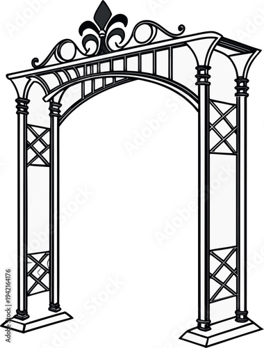Black and white illustration of an ornate metal archway with decorative details