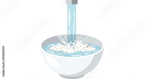 A silver faucet pours a steady stream of clear water into a white bowl filled with white rice grains on a pristine white background.
